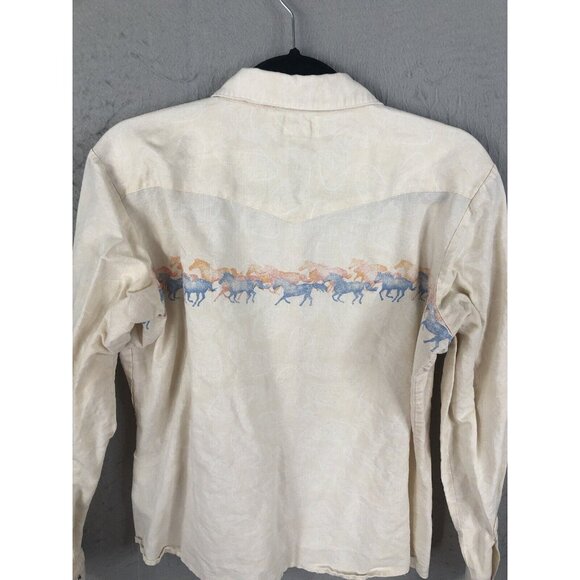 Wrangler Blues Top Womens Large Yellow Running Horses Pearl Snaps Cowboy Core - Picture 14 of 16